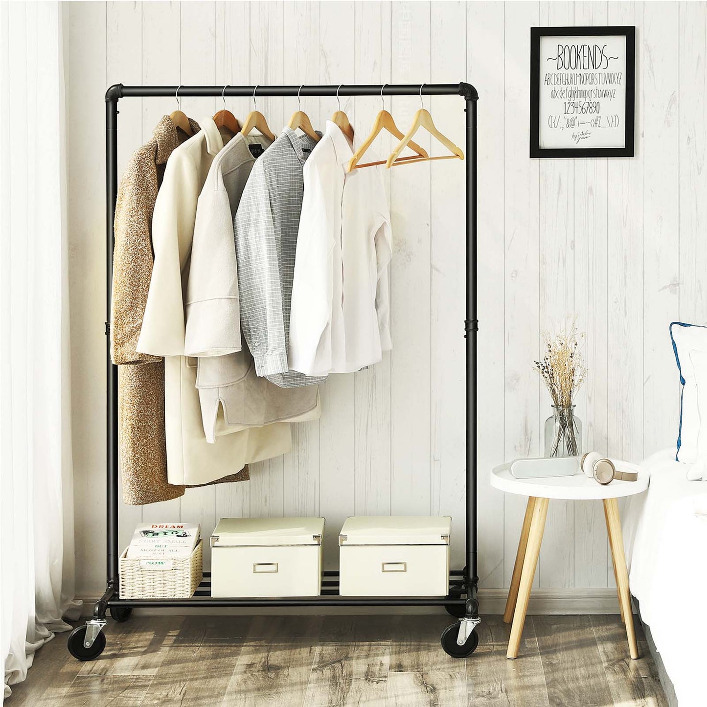 Clothes Rail, Coat Rack with Shoe Storage, Industrial Clothes Rail, 90 kg, Coat Stand, Black, SONGMICS, 1