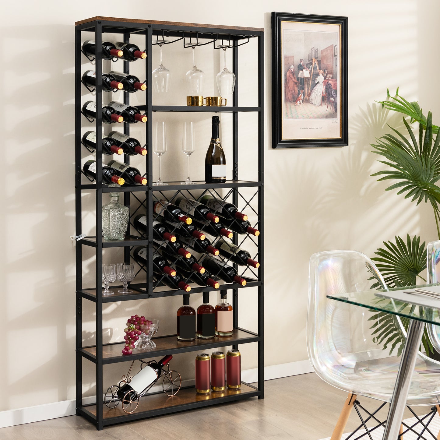 27 Bottles Tall Wine Rack with Glass Holders and Anti-tipping Device, Costway, 1