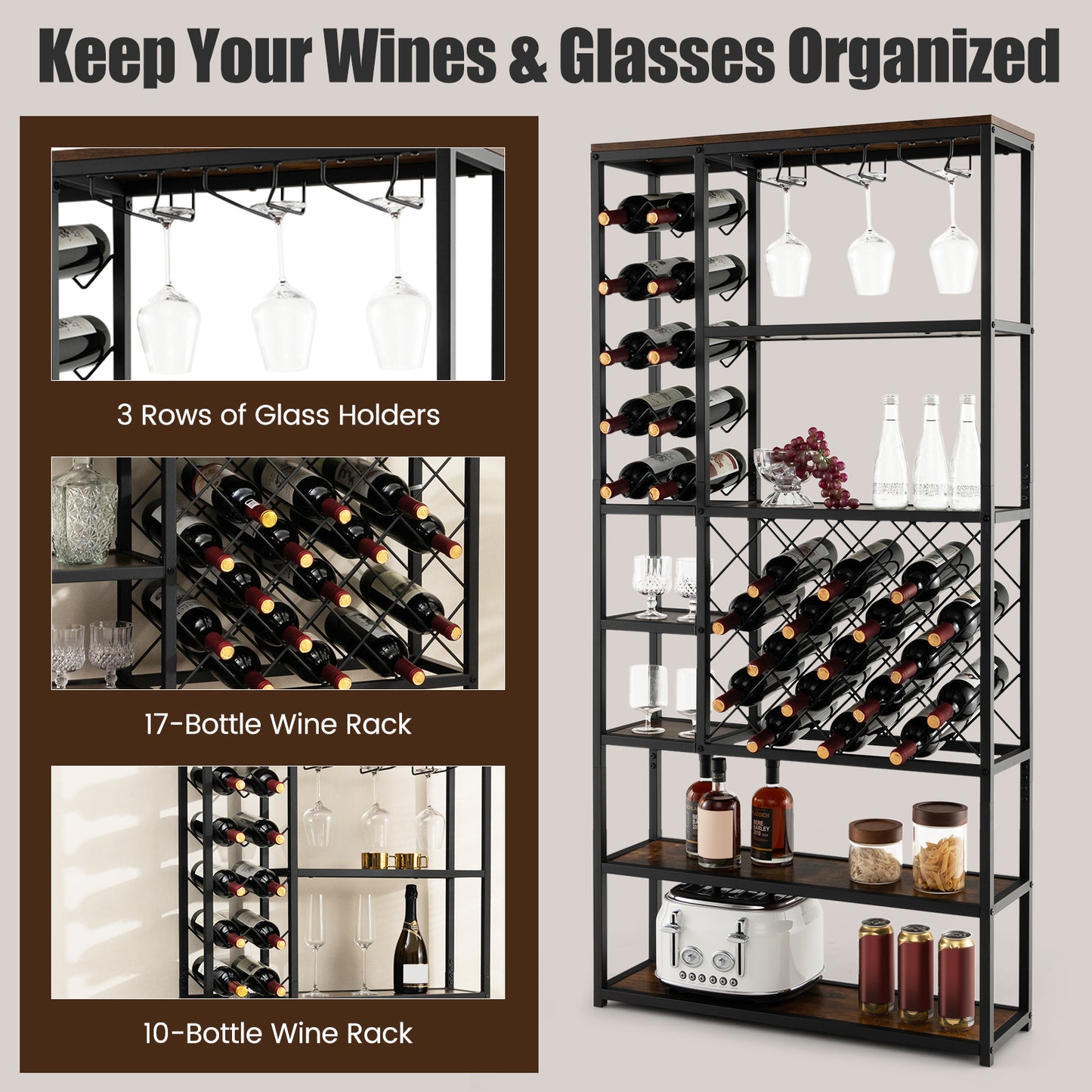 27 Bottles Tall Wine Rack with Glass Holders and Anti-tipping Device, Costway, 1