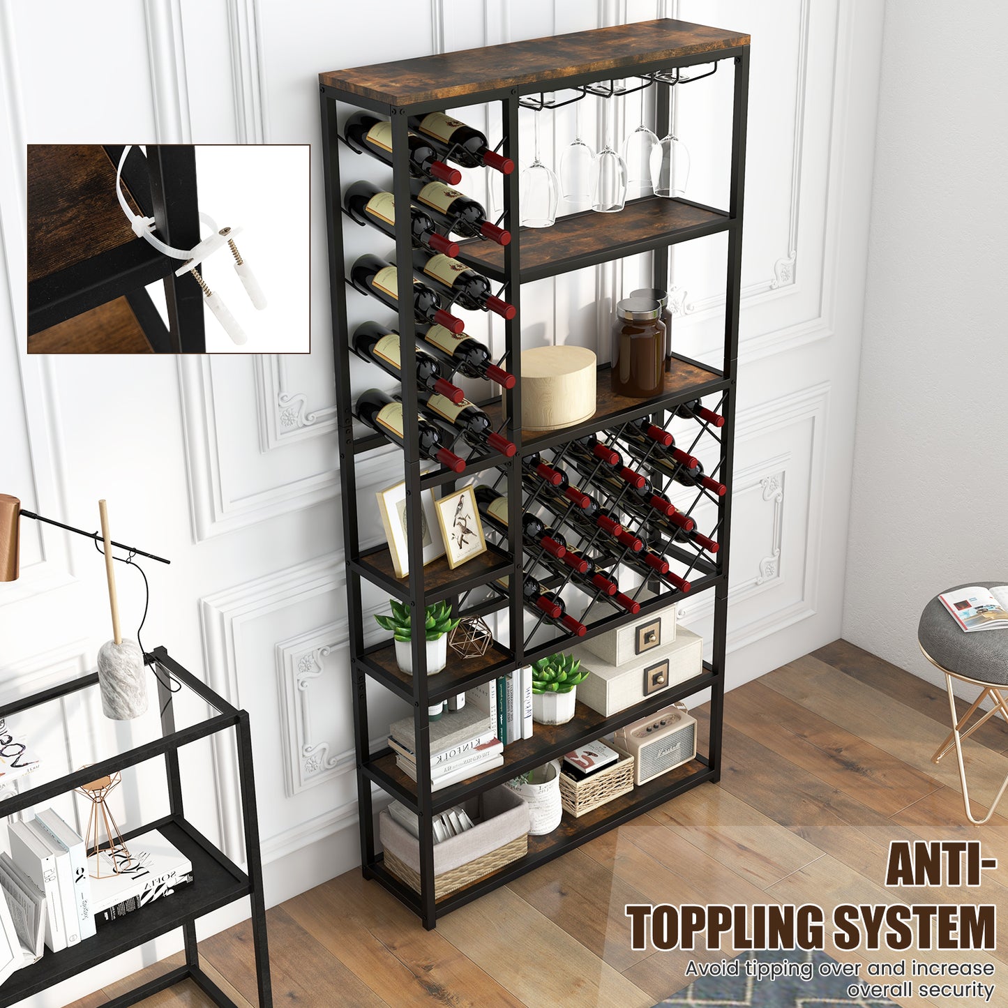 27 Bottles Tall Wine Rack with Glass Holders and Anti-tipping Device, Costway, 1