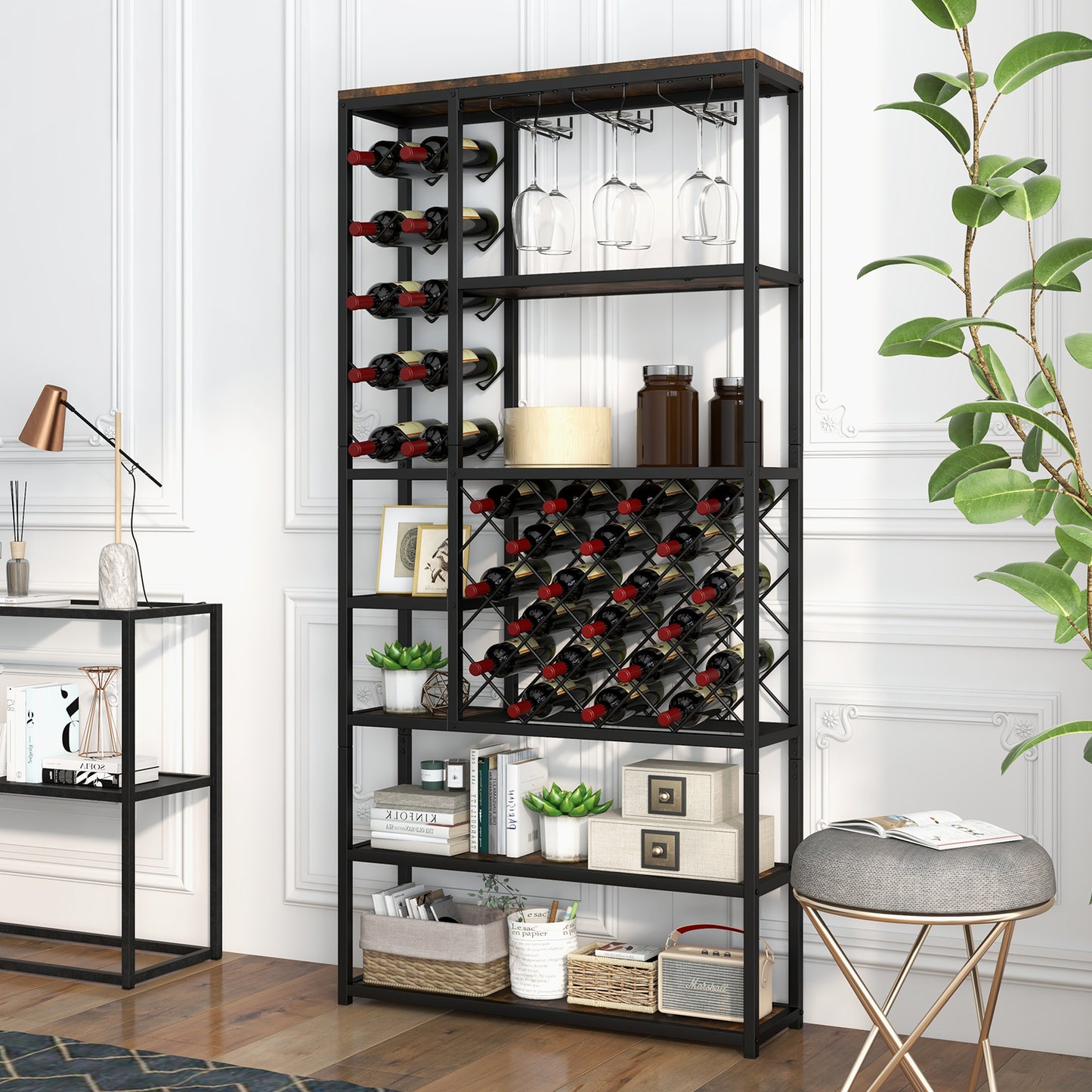 27 Bottles Tall Wine Rack with Glass Holders and Anti-tipping Device, Costway, 1