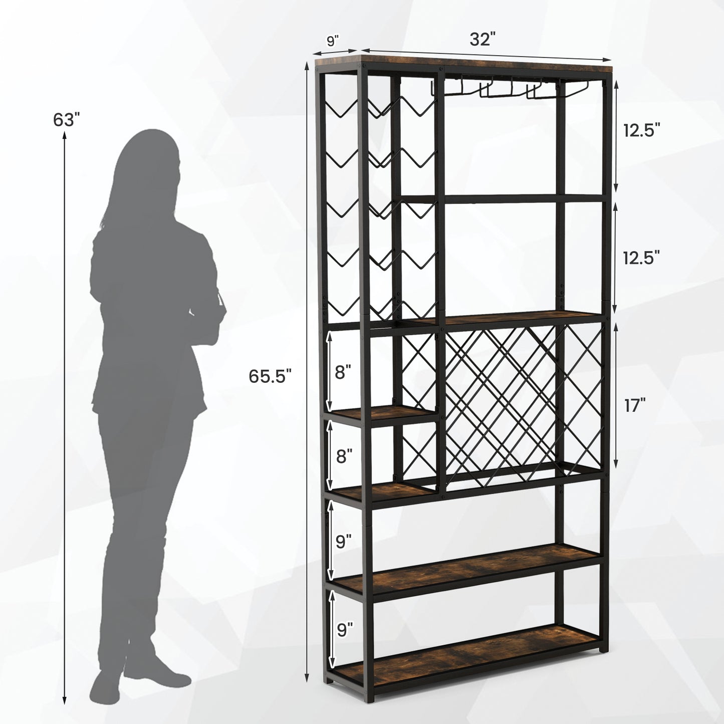 27 Bottles Tall Wine Rack with Glass Holders and Anti-tipping Device, Costway, 1