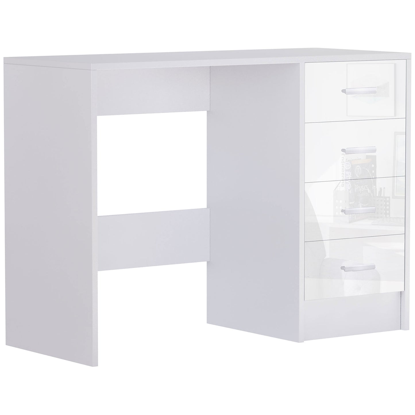 Computer Desk with Drawers, Dressing Table, High Gloss Home Office Writing Workstation, White, HOMCOM, 1
