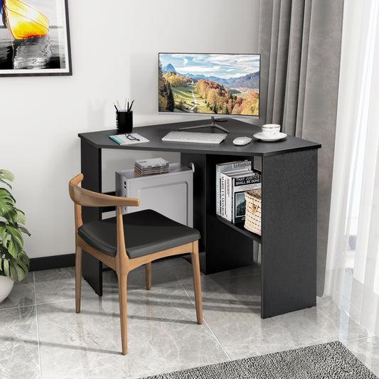 Triangle Corner Computer Desk with Open Shelf and Cable Holes-Black, Costway, 2