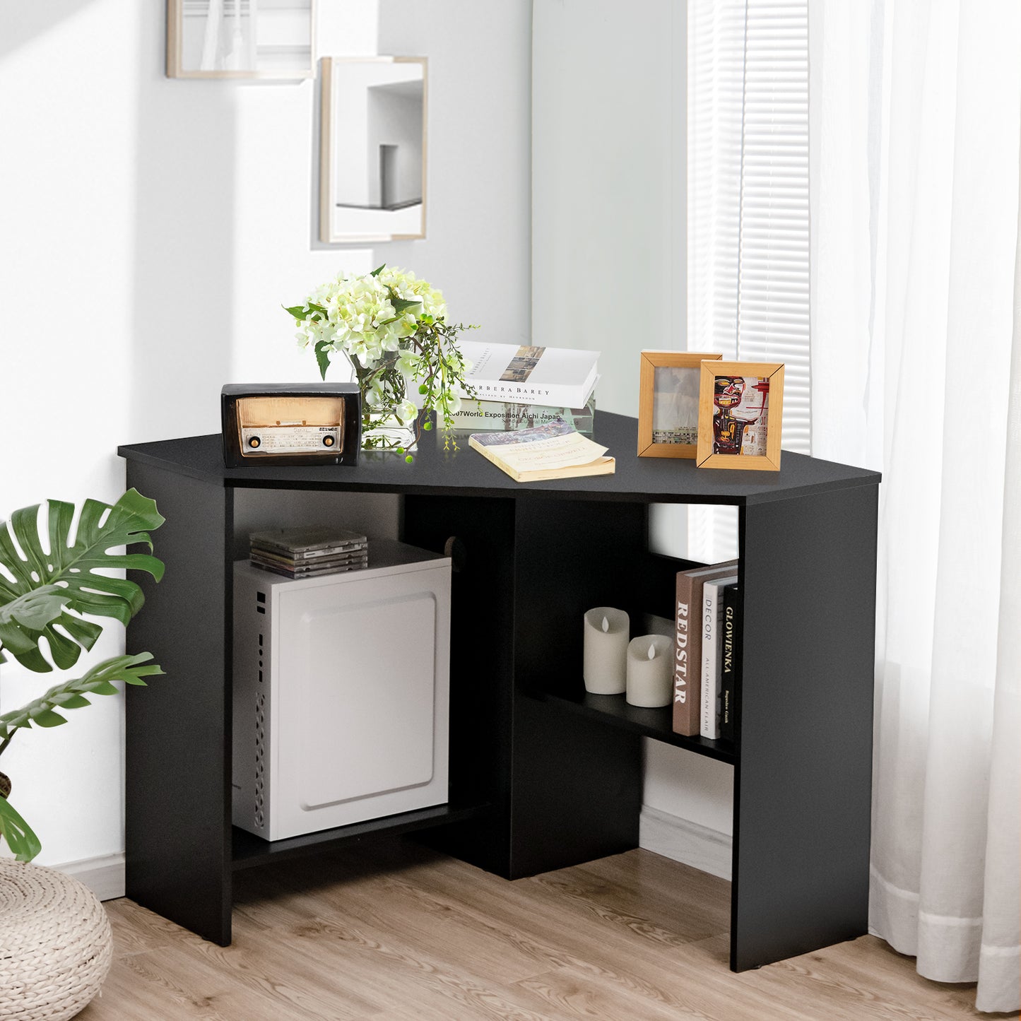 Triangle Corner Computer Desk with Open Shelf and Cable Holes-Black, Costway, 7