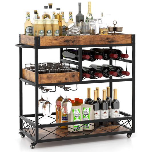 Home Bar Serving Car with Removable Tray-Rustic Brown, Costway, 1