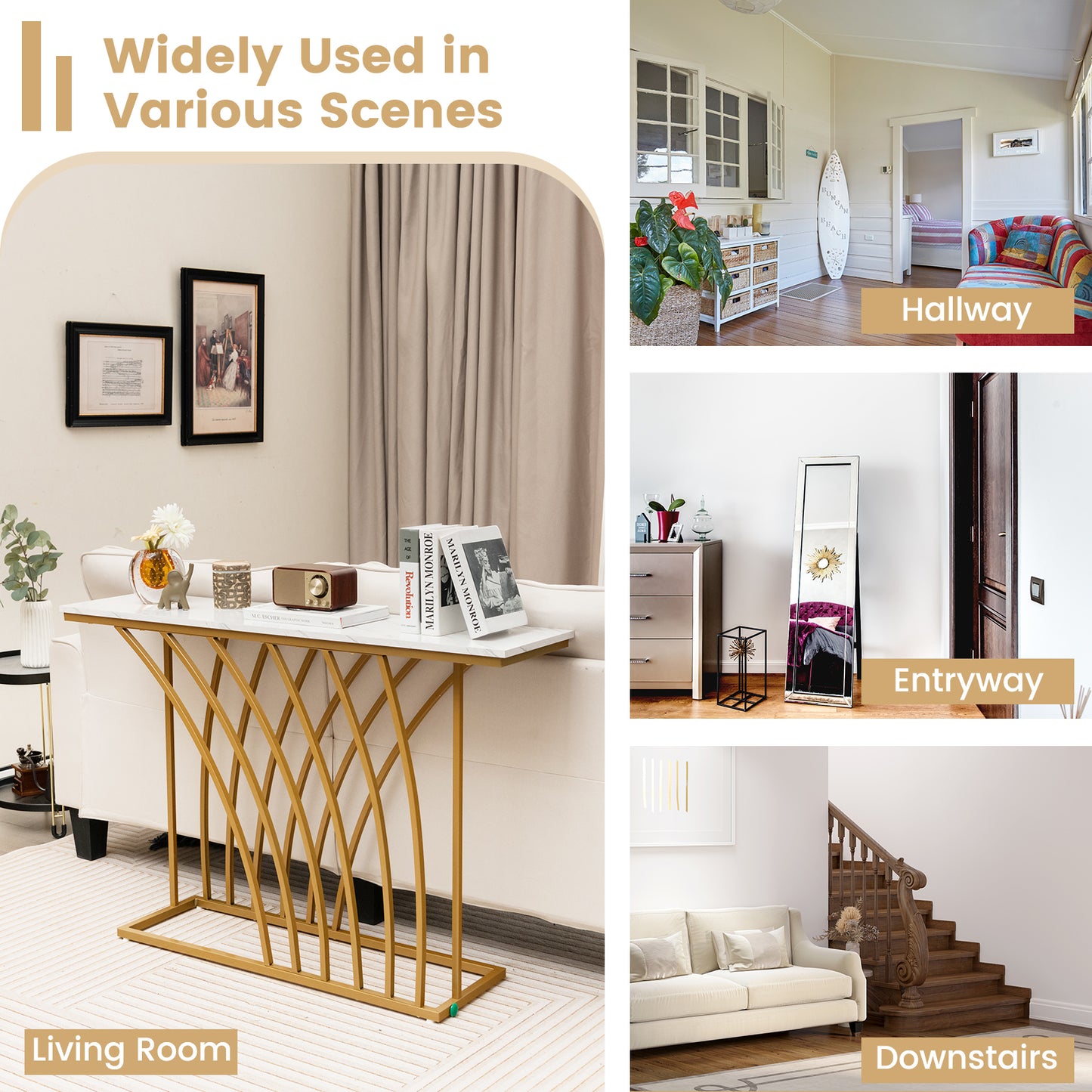 120cm Console Table with Faux Marble Tabletop-White, Costway, 7