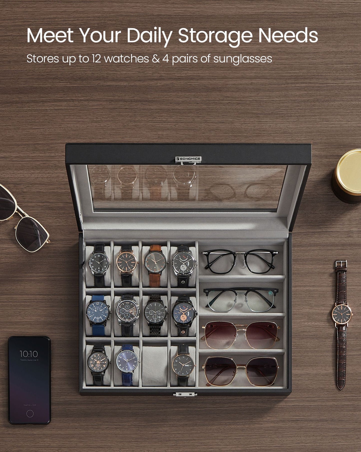 Watch Box, 36-Slot Watch Case, Lockable Watch Storage Box with Glass Lid, 3