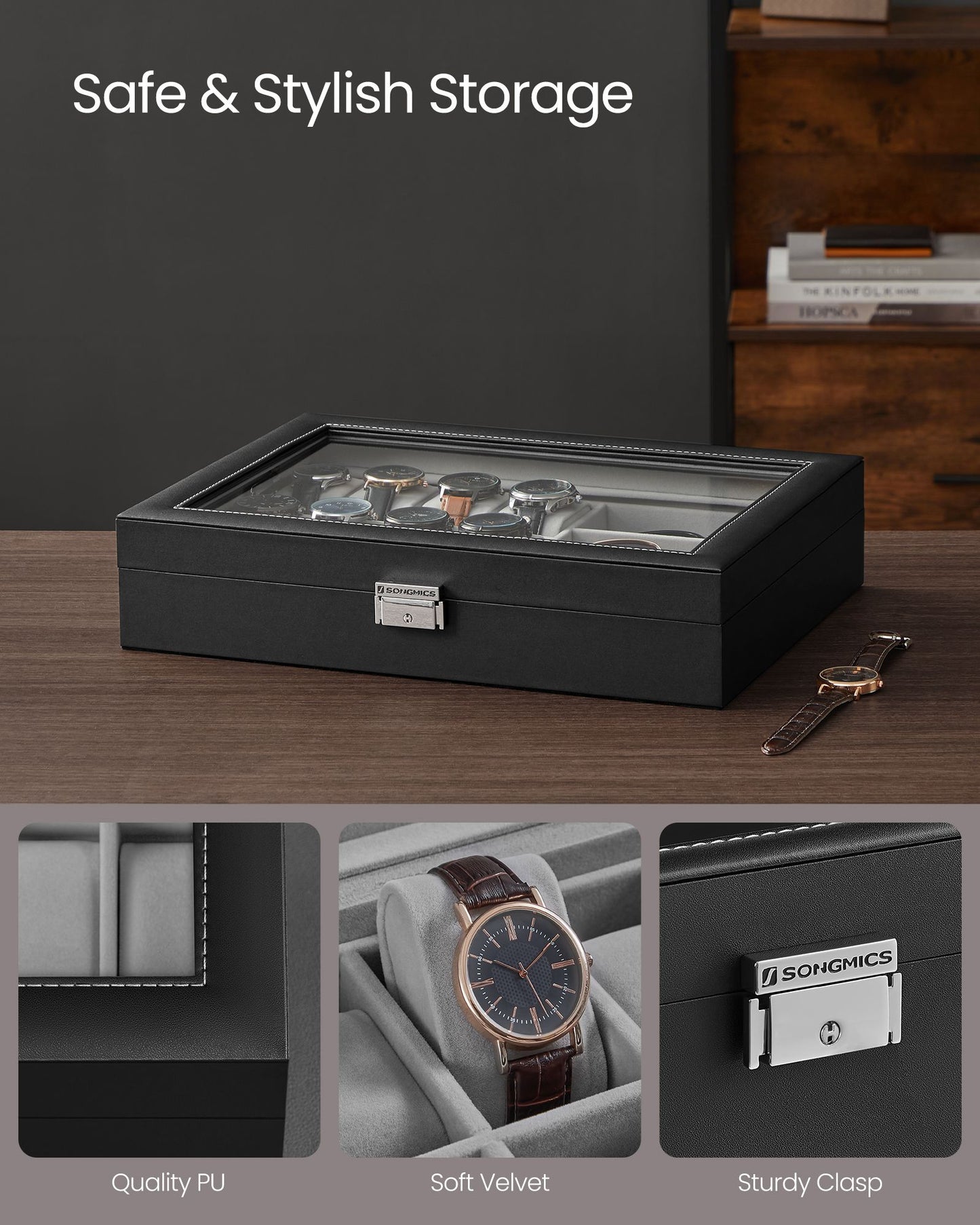 Watch Box, 46-Slot Watch Case, Lockable Watch Storage Box with Glass Lid, 4