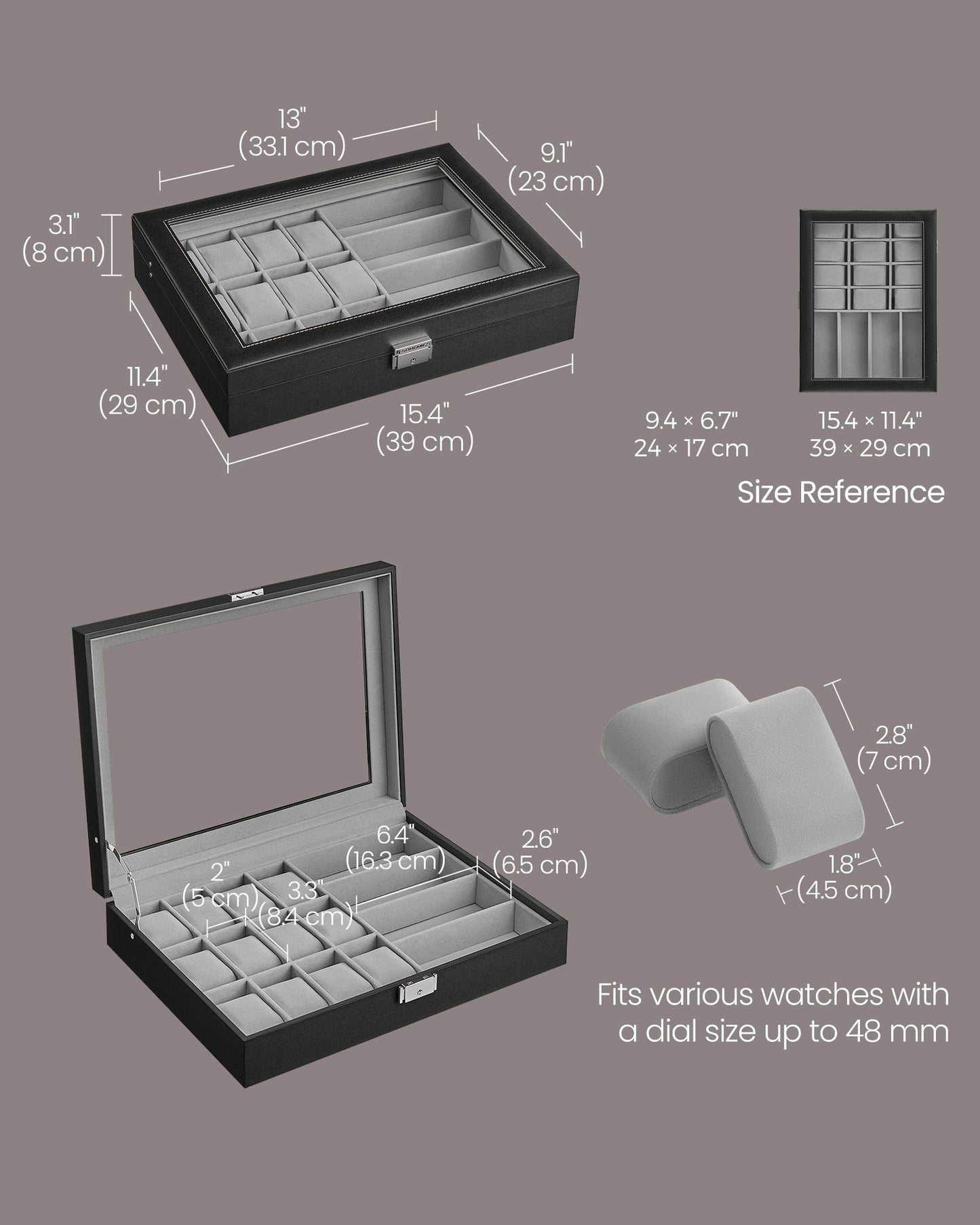 Watch Box, 56-Slot Watch Case, Lockable Watch Storage Box with Glass Lid, 5