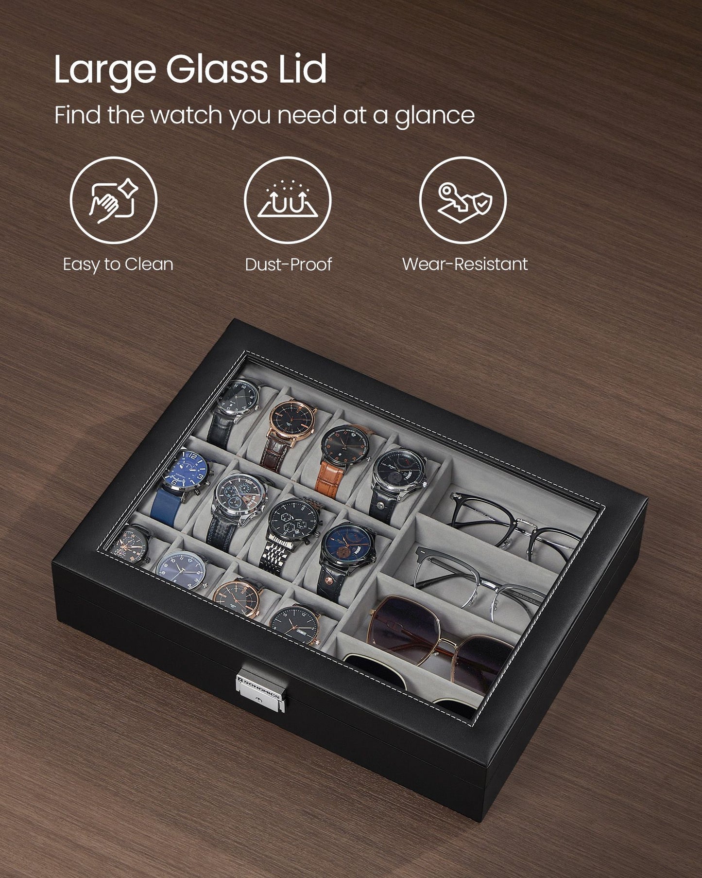 Watch Box, 66-Slot Watch Case, Lockable Watch Storage Box with Glass Lid, 6