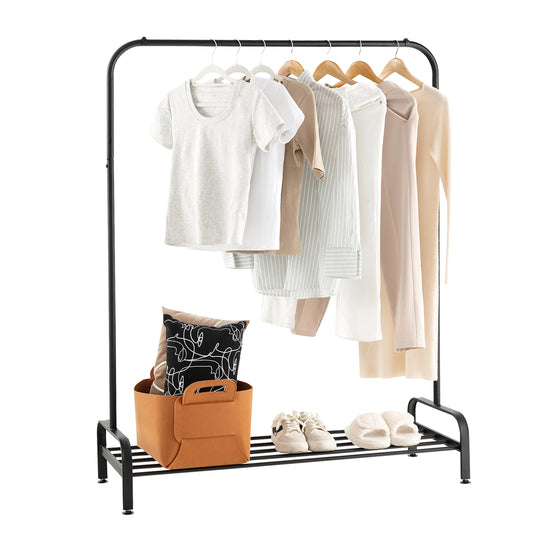 Clothes Rail, Coat Rack with Shoe Storage, Metal Clothes Stand Rack with Top Rod and Lower Storage Shelf, Black, Costway