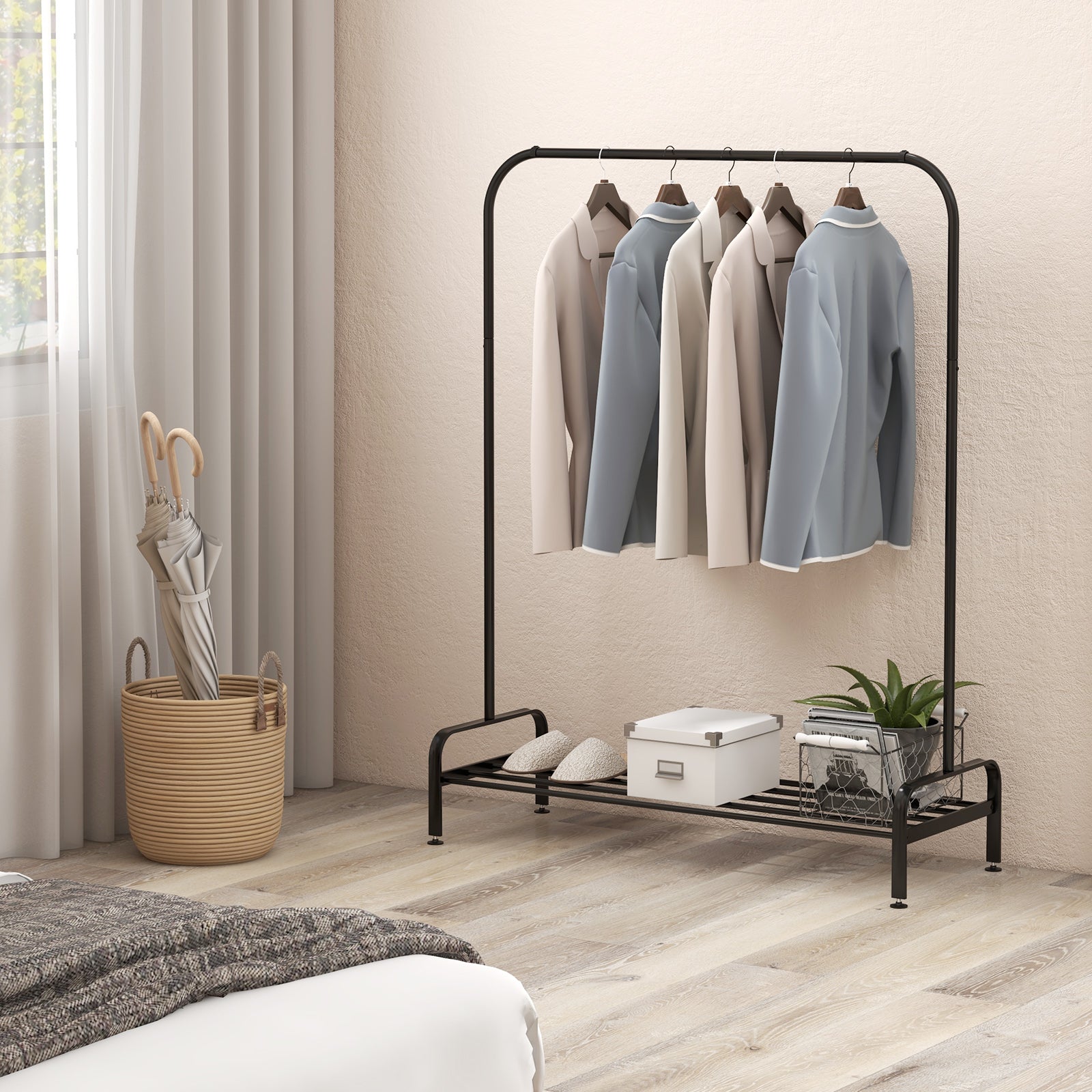 Clothes Rail, Coat Rack with Shoe Storage, Metal Clothes Stand Rack with Top Rod and Lower Storage Shelf, Black, Costway, 1