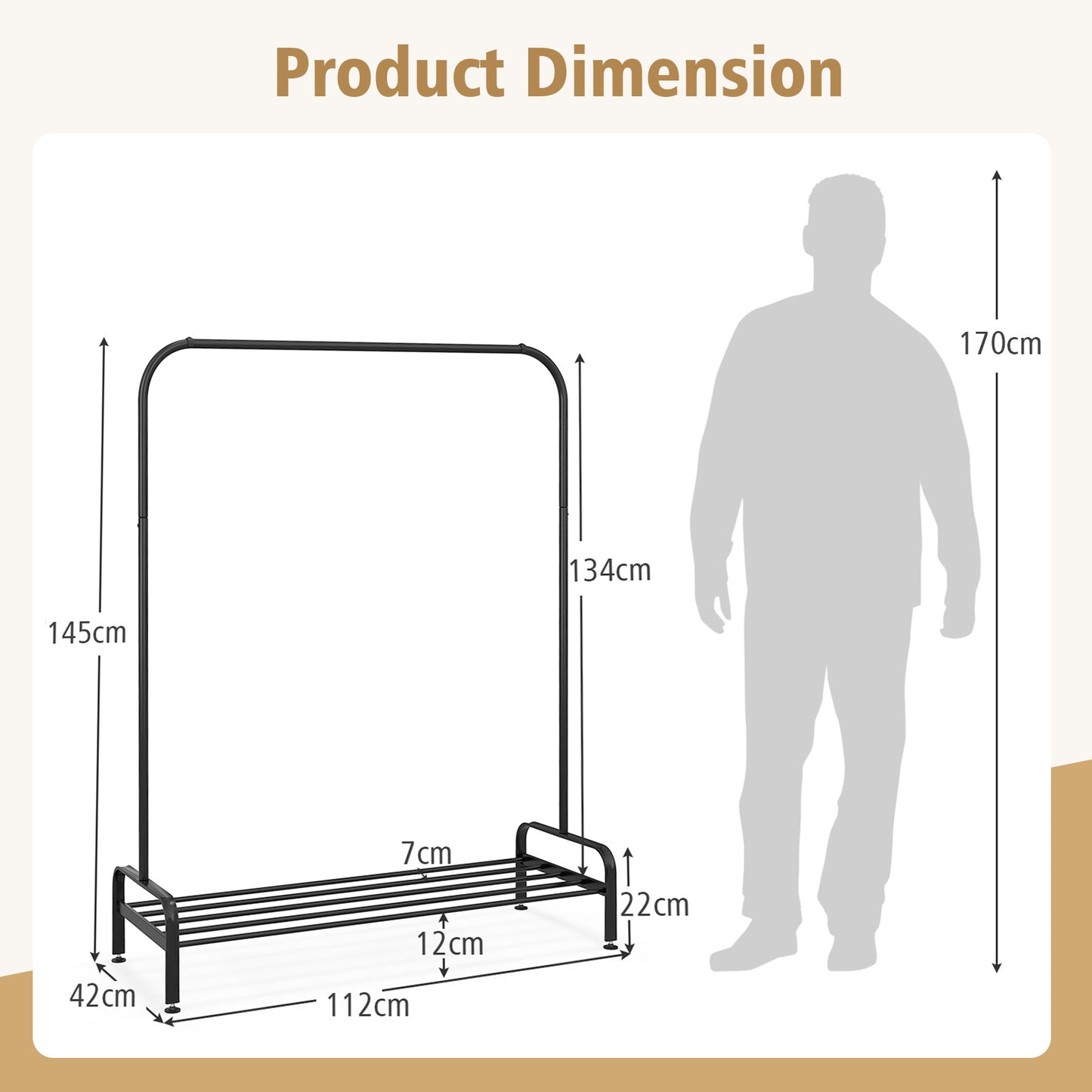 Clothes Rail, Coat Rack with Shoe Storage, Metal Clothes Stand Rack with Top Rod and Lower Storage Shelf, Black, Costway, 3