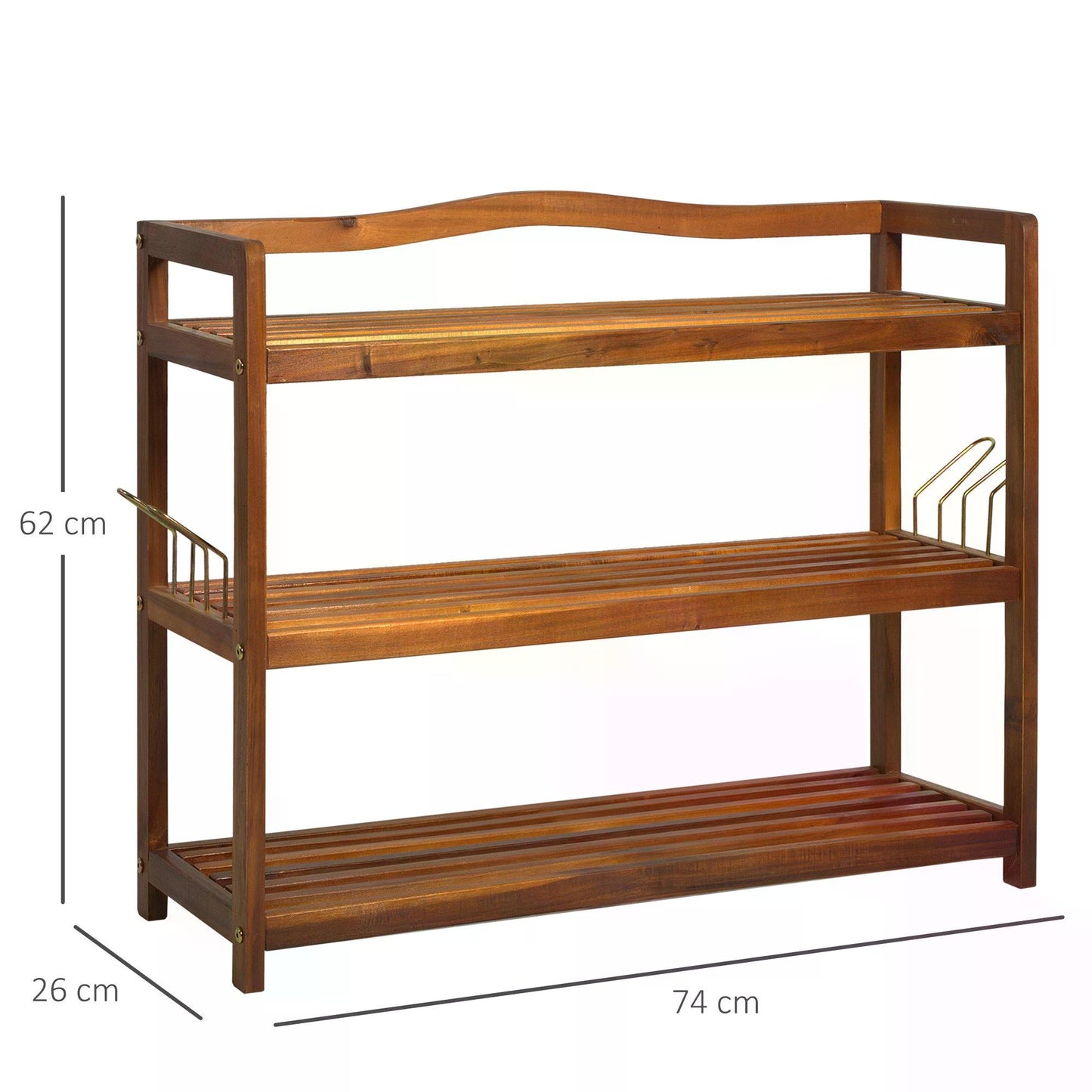 3-Tier Shoe Rack, Acacia Wooden Shoe Storage Organiser with 2 Hangers, Holds up to 12 Pairs, for Entryway, Living Room, 74 x 26 x 62 cm, Teak, HOMCOM, 3