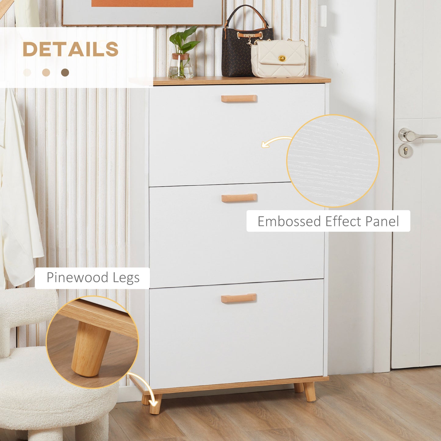 Narrow Shoe Cabinet, Slim Shoe Storage Cabinet with 3 Flip Drawers and Adjustable Shelves, 12 Pair of Shoes Organizer for Hallway, Entryway, White, HOMCOM, 8