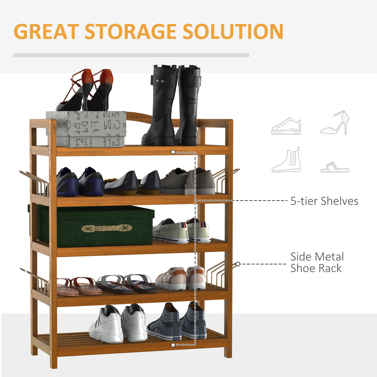 5-Tier Shoe Rack, Acacia Wooden Shoe Storage Organiser with Hangers, Holds up to 24 Pairs, for Entryway, Living Room, 64 x 26 x 82 cm, Teak, HOMCOM, 4