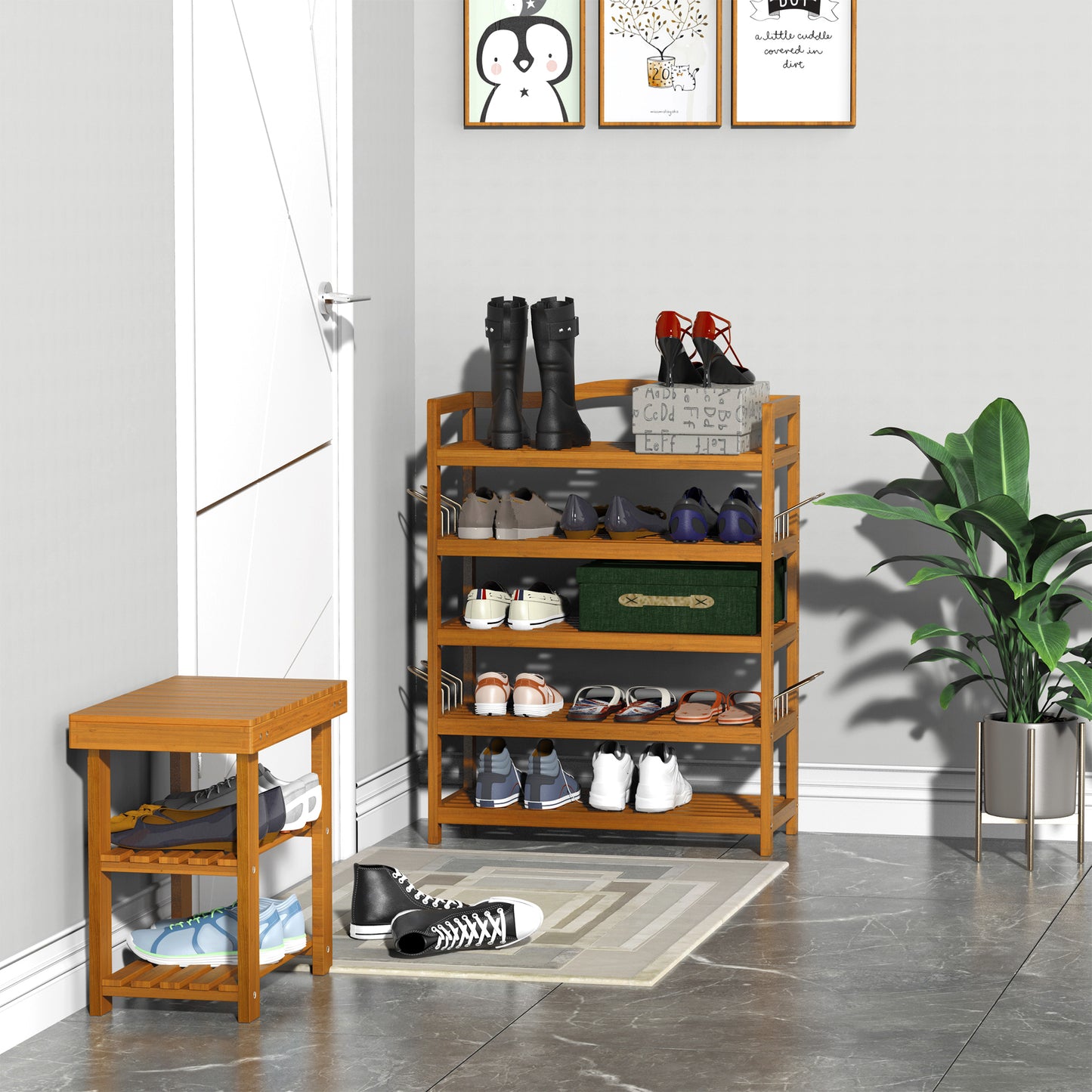 5-Tier Shoe Rack, Acacia Wooden Shoe Storage Organiser with Hangers, Holds up to 24 Pairs, for Entryway, Living Room, 64 x 26 x 82 cm, Teak, HOMCOM, 2