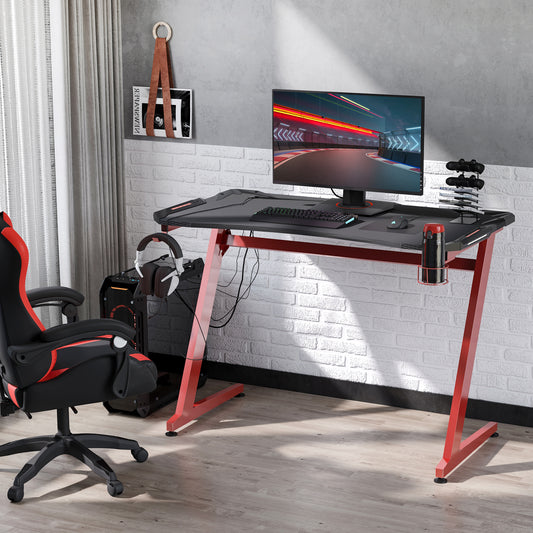 122 x 66 cm Gaming Desk, Carbon Fibre Covered Computer Desk, Gamer Workstation with Headphone Hook, Cup Holder and Gamepad Storage Rack, Black and Red, HOMCOM, 2