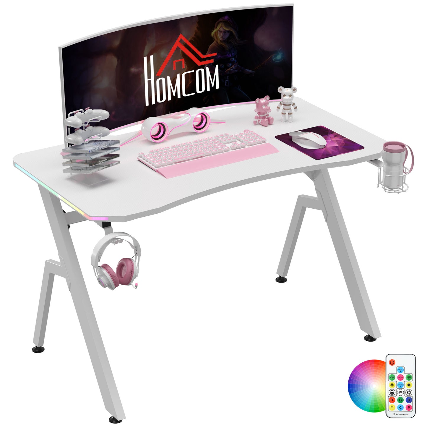 RGB 120 x 66cm Gaming Desk, Computer Table with Carbon Fibre Surface, Headphone Hook, Cup Holder, Controller Rack, Home Office Desk, White, HOMCOM, 1