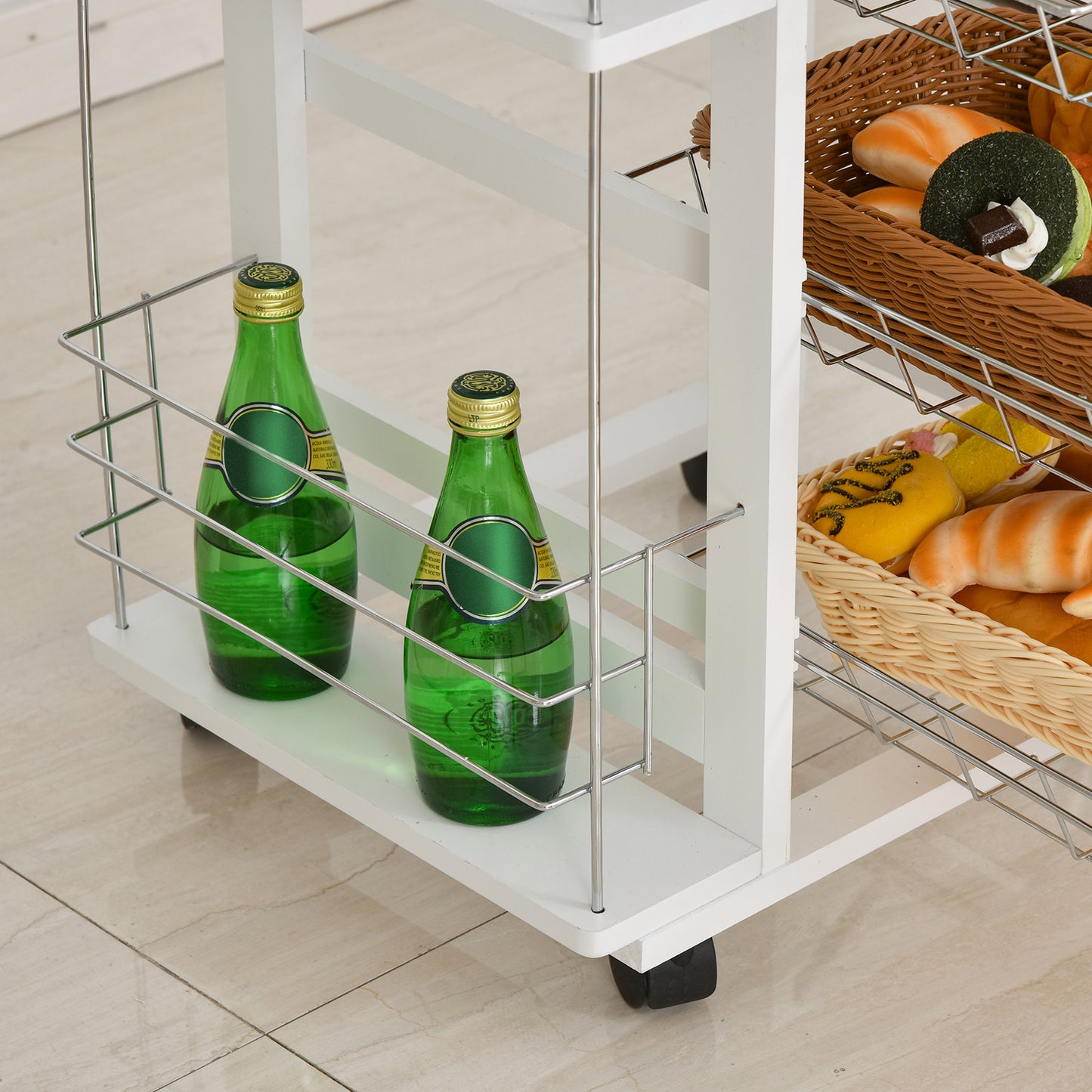 Multi-Use Kitchen Island Trolley w/ 4 Baskets 2 Side Racks Drawer Worktop 4 Wheels, Storage Trolley, White, HOMCOM, 8