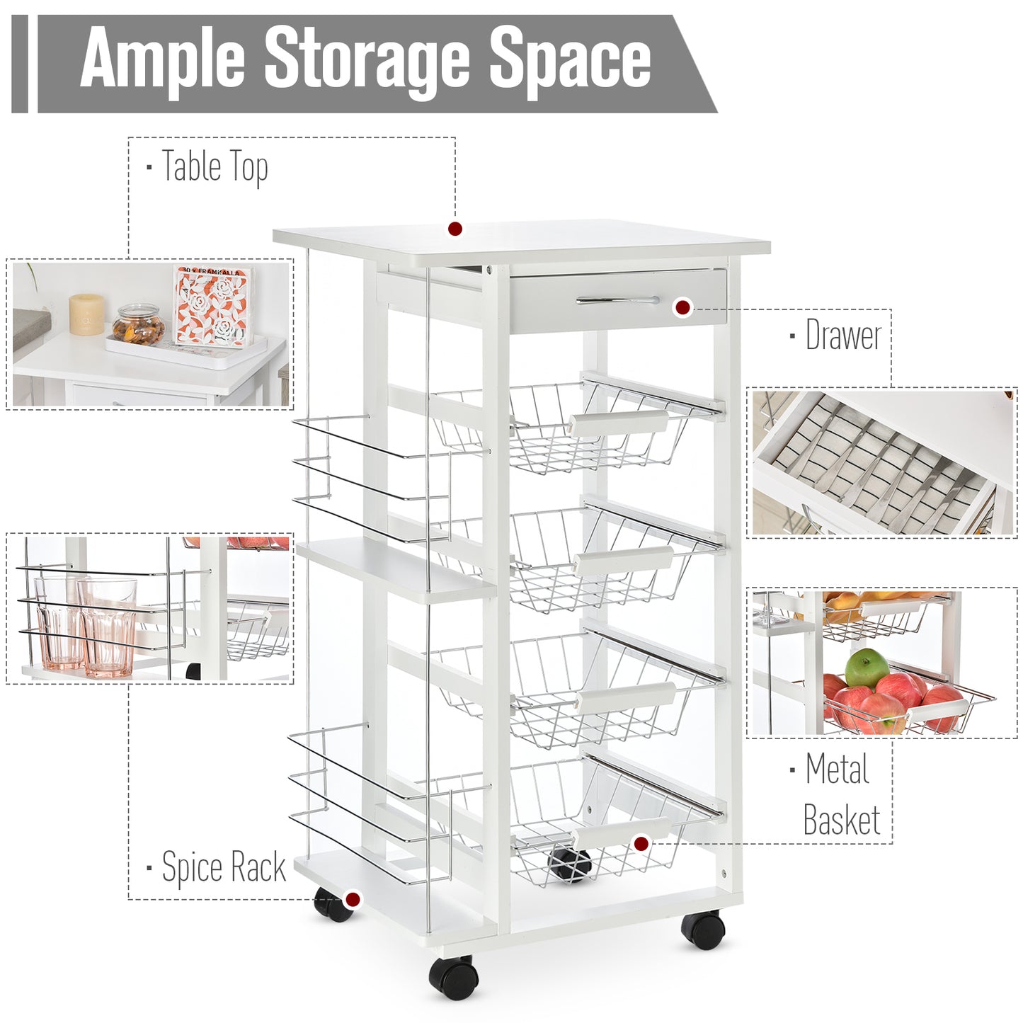 Multi-Use Kitchen Island Trolley w/ 4 Baskets 2 Side Racks Drawer Worktop 4 Wheels, Storage Trolley, White, HOMCOM, 4