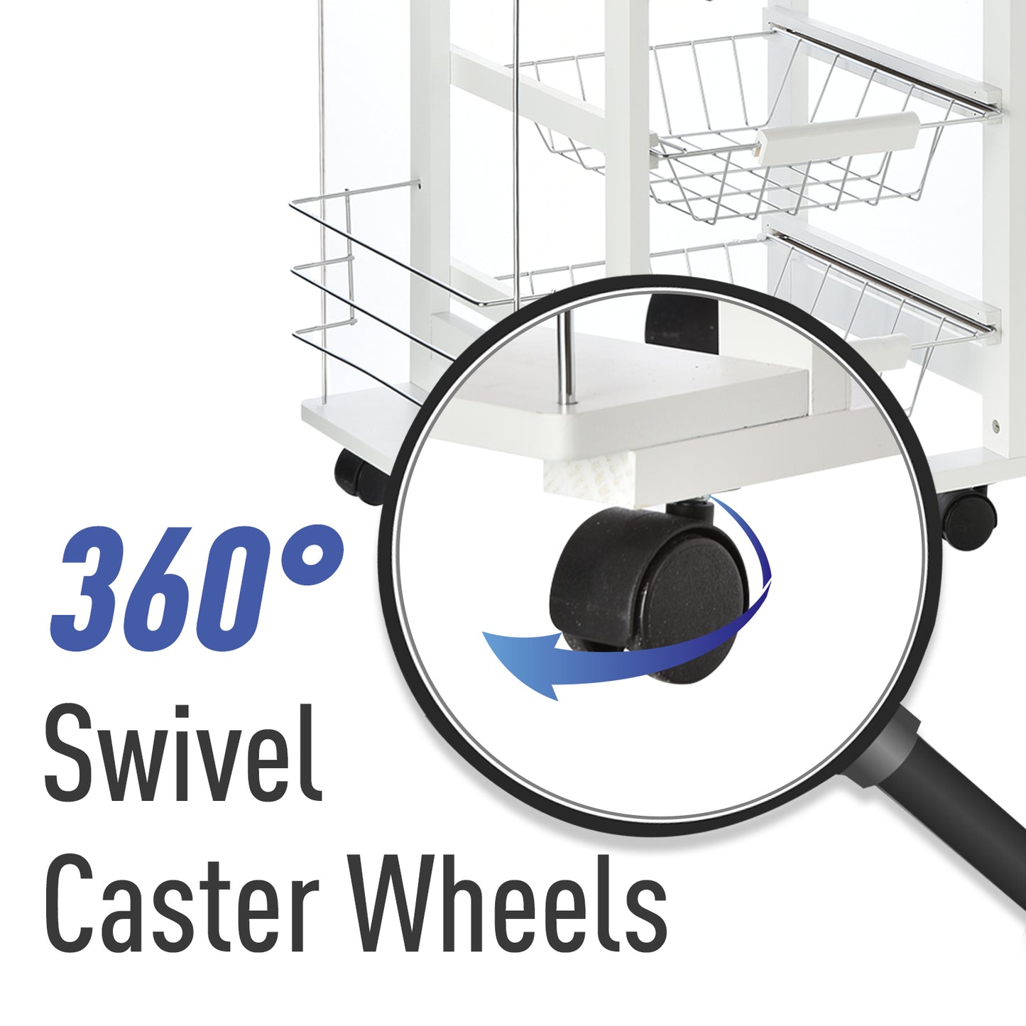 Multi-Use Kitchen Island Trolley w/ 4 Baskets 2 Side Racks Drawer Worktop 4 Wheels, Storage Trolley, White, HOMCOM, 6