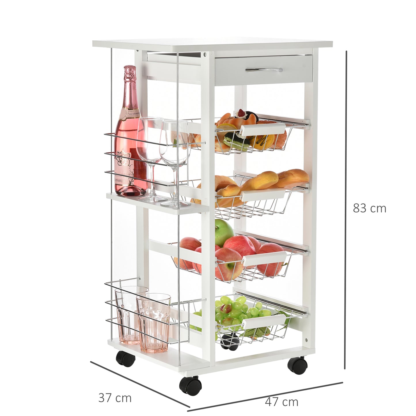 Multi-Use Kitchen Island Trolley w/ 4 Baskets 2 Side Racks Drawer Worktop 4 Wheels, Storage Trolley, White, HOMCOM, 3
