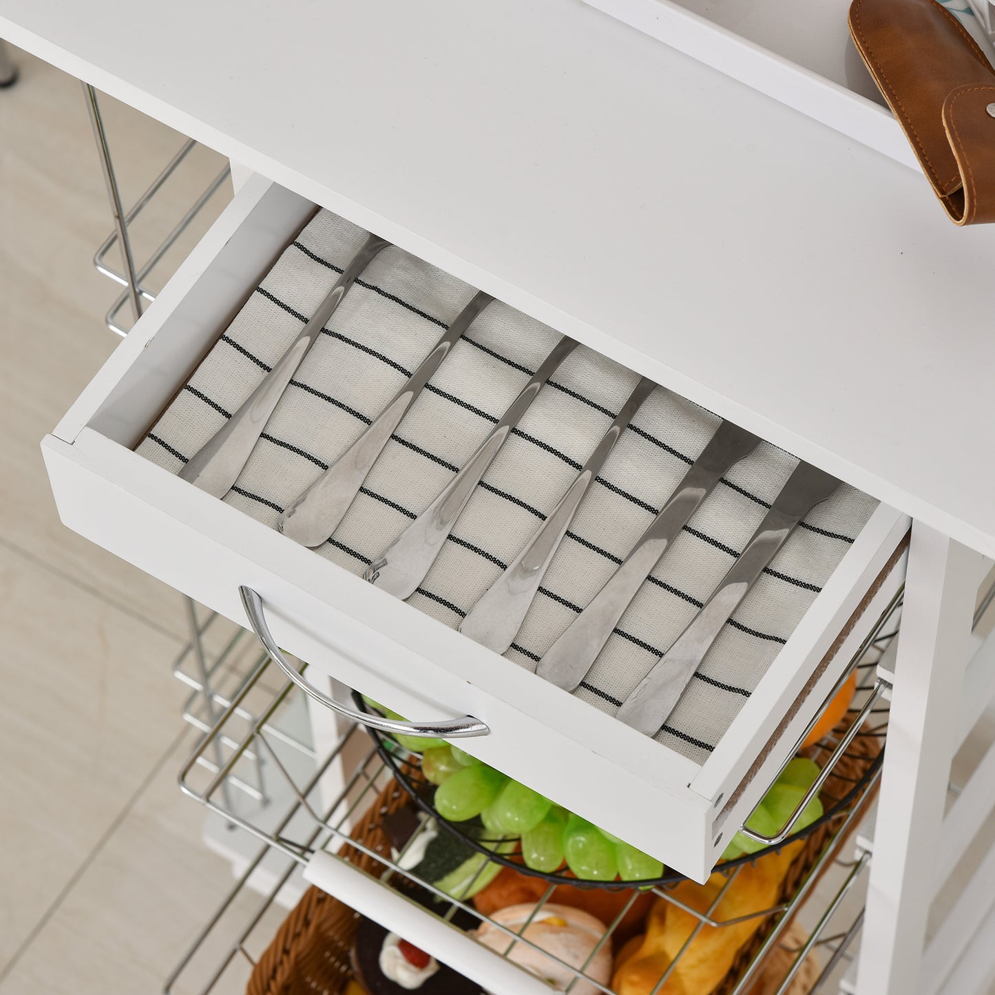 Multi-Use Kitchen Island Trolley w/ 4 Baskets 2 Side Racks Drawer Worktop 4 Wheels, Storage Trolley, White, HOMCOM, 7