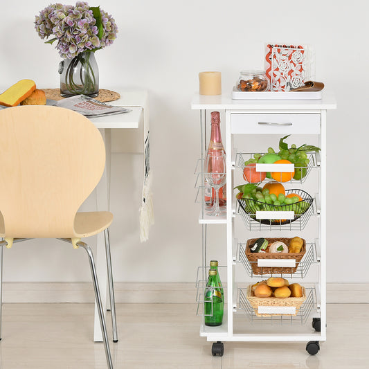 Multi-Use Kitchen Island Trolley w/ 4 Baskets 2 Side Racks Drawer Worktop 4 Wheels, Storage Trolley, White, HOMCOM, 2