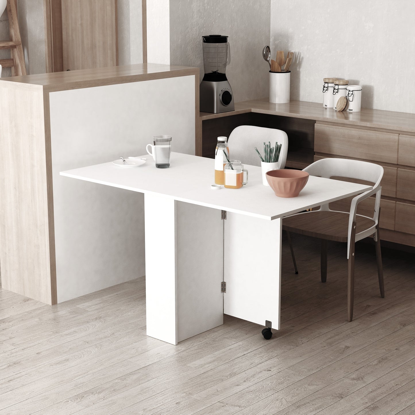 Mobile Drop Leaf Dining Kitchen Table, Folding Desk For Small Spaces With 2 Wheels & 2 Storage Shelves, White, HOMCOM, 2