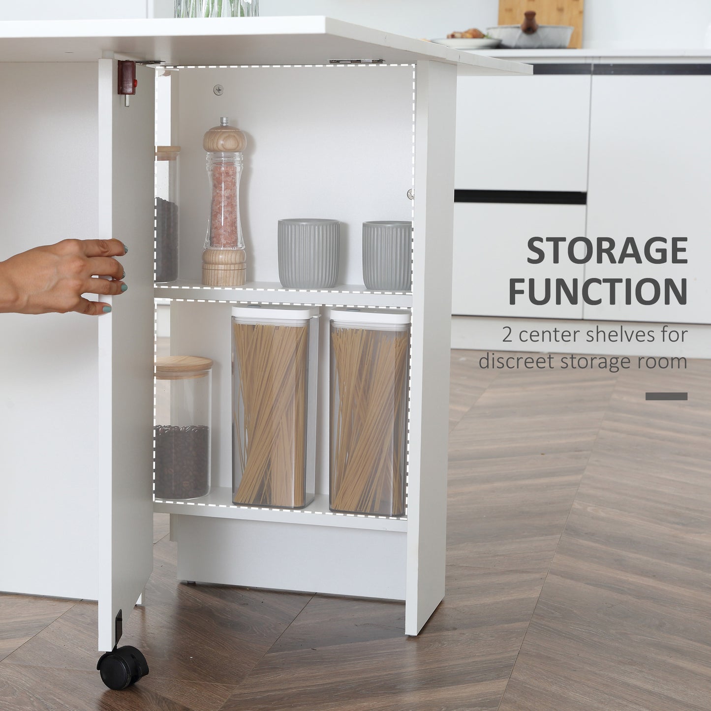 Mobile Drop Leaf Dining Kitchen Table, Folding Desk For Small Spaces With 2 Wheels & 2 Storage Shelves, White, HOMCOM, 5