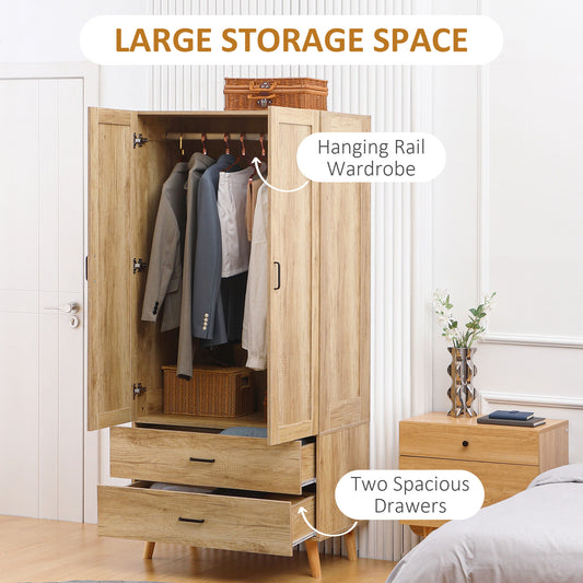 2 Door Wardrobe, Modern Wardrobe with 2 Drawer and Hanging Rail for Bedroom, Natural, HOMCOM, 4