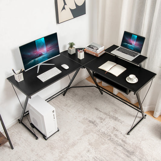 L-Shaped Computer Desk with Movable Host Stand and Removable Monitor Shelf-Black, Costway, 2