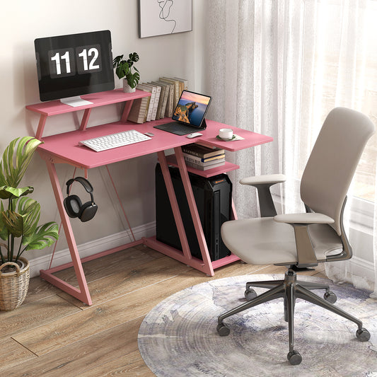 L-Shaped Gaming Desk with Outlets USB Ports and Monitor Shelf-Pink, Costway, 2