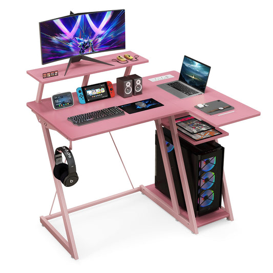 L-Shaped Gaming Desk with Outlets USB Ports and Monitor Shelf-Pink, Costway, 1