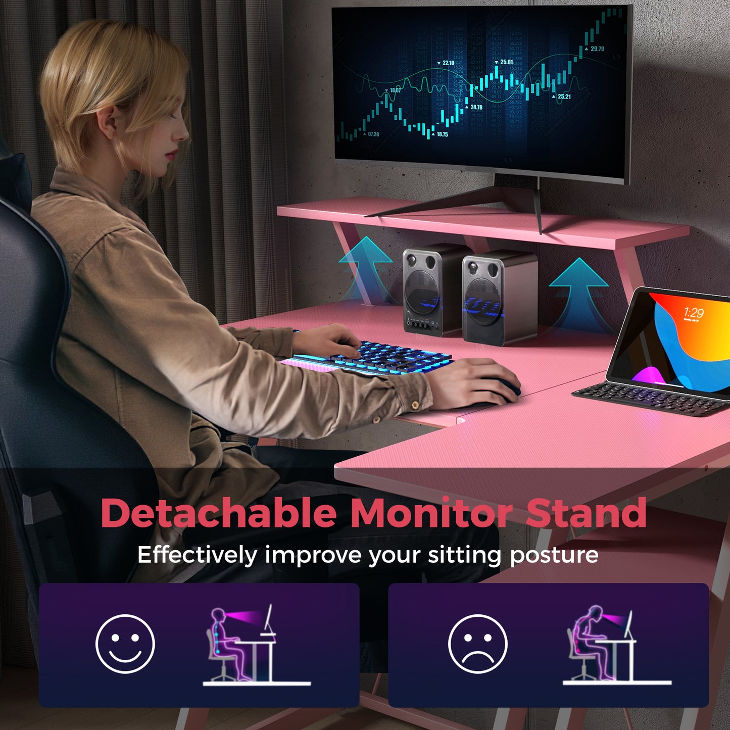 L-Shaped Gaming Desk with Outlets USB Ports and Monitor Shelf-Pink, Costway, 7