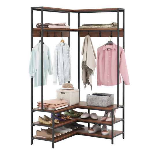 L-shaped Clothes Corner Garment Rack with Open Shelves and 7 Hooks-Walnut, Costway, 1
