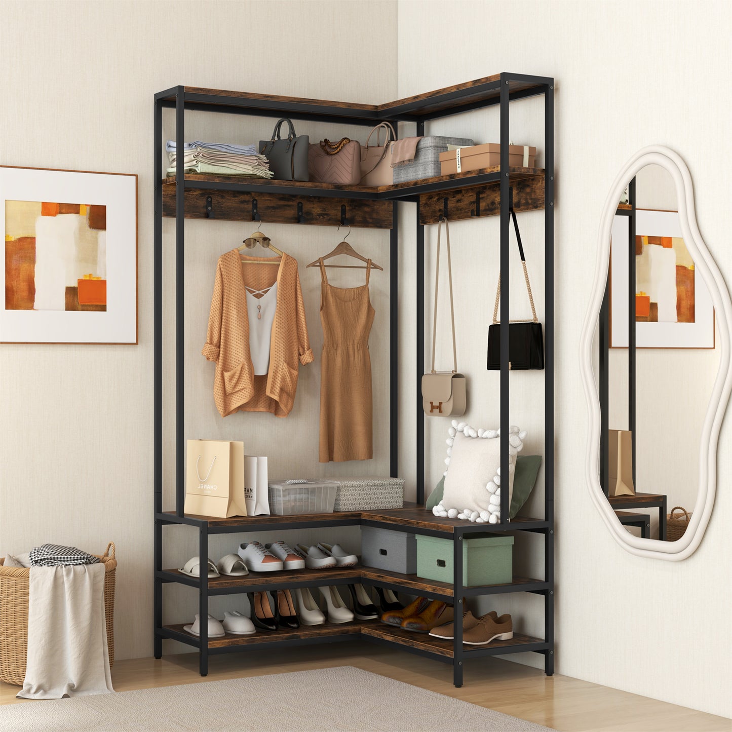 L-shaped Clothes Corner Garment Rack with Open Shelves and 7 Hooks-Rustic Brown, Costway, 2