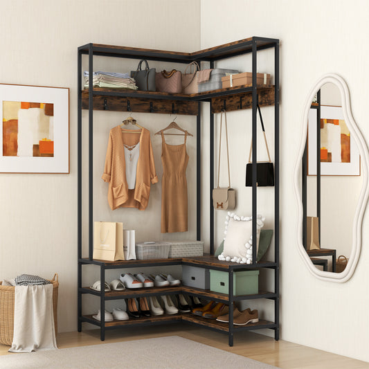 L-shaped Clothes Corner Garment Rack with Open Shelves and 7 Hooks-Rustic Brown, Costway, 2