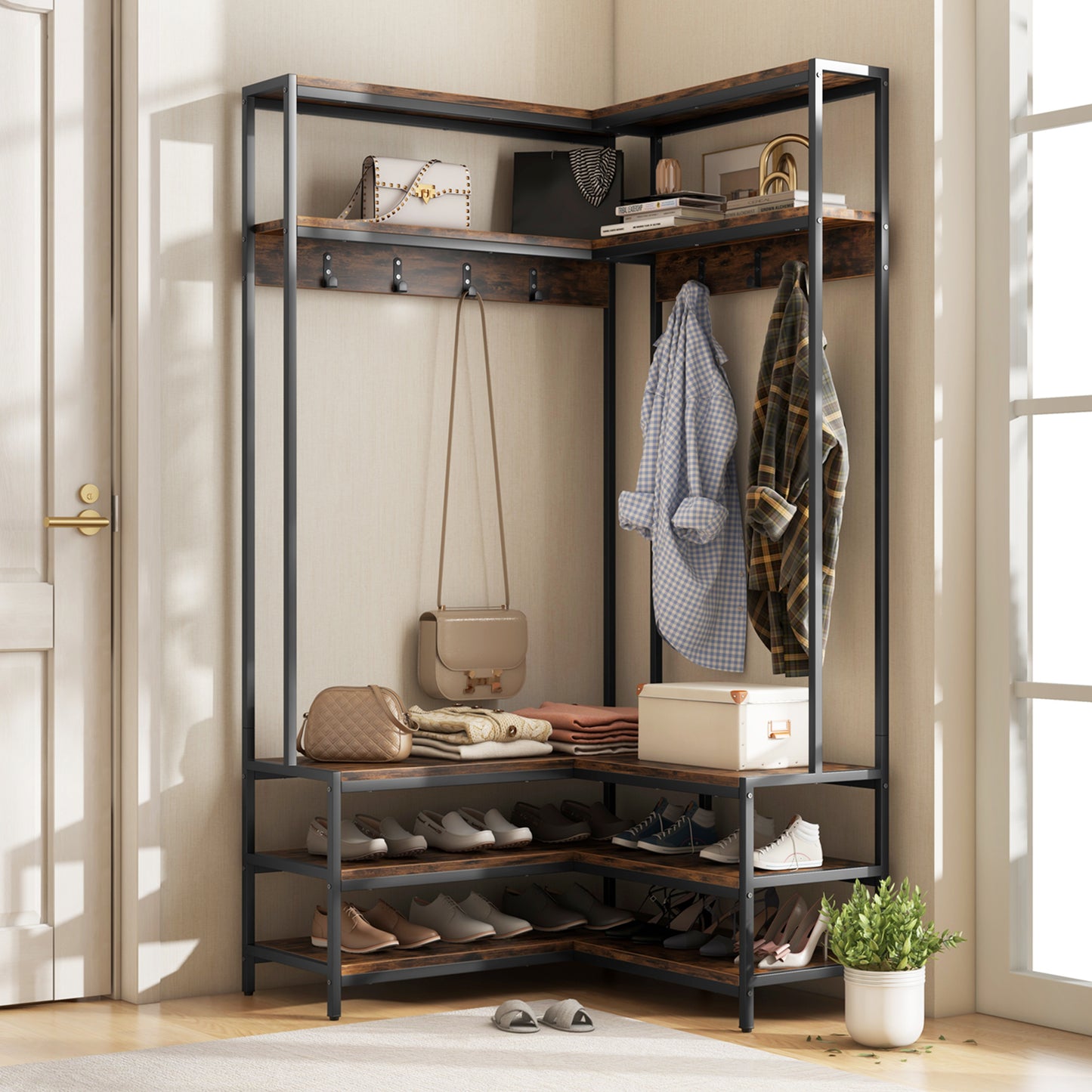 L-shaped Clothes Corner Garment Rack with Open Shelves and 7 Hooks-Rustic Brown, Costway, 3