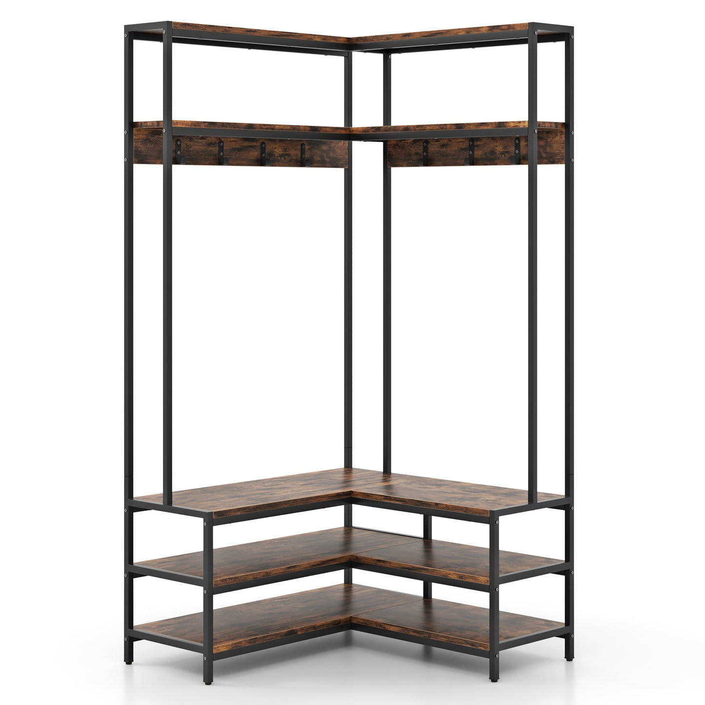 L-shaped Clothes Corner Garment Rack with Open Shelves and 7 Hooks-Rustic Brown, Costway, 1