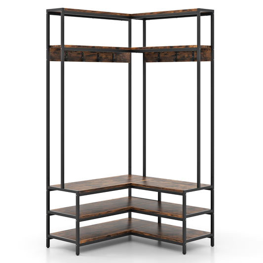 L-shaped Clothes Corner Garment Rack with Open Shelves and 7 Hooks-Rustic Brown, Costway, 1