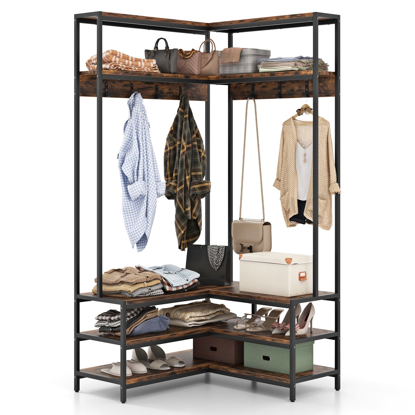 L-shaped Clothes Corner Garment Rack with Open Shelves and 7 Hooks-Rustic Brown, Costway, 4