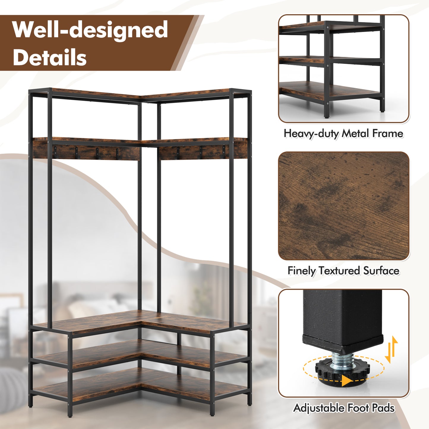 L-shaped Clothes Corner Garment Rack with Open Shelves and 7 Hooks-Rustic Brown, Costway, 6