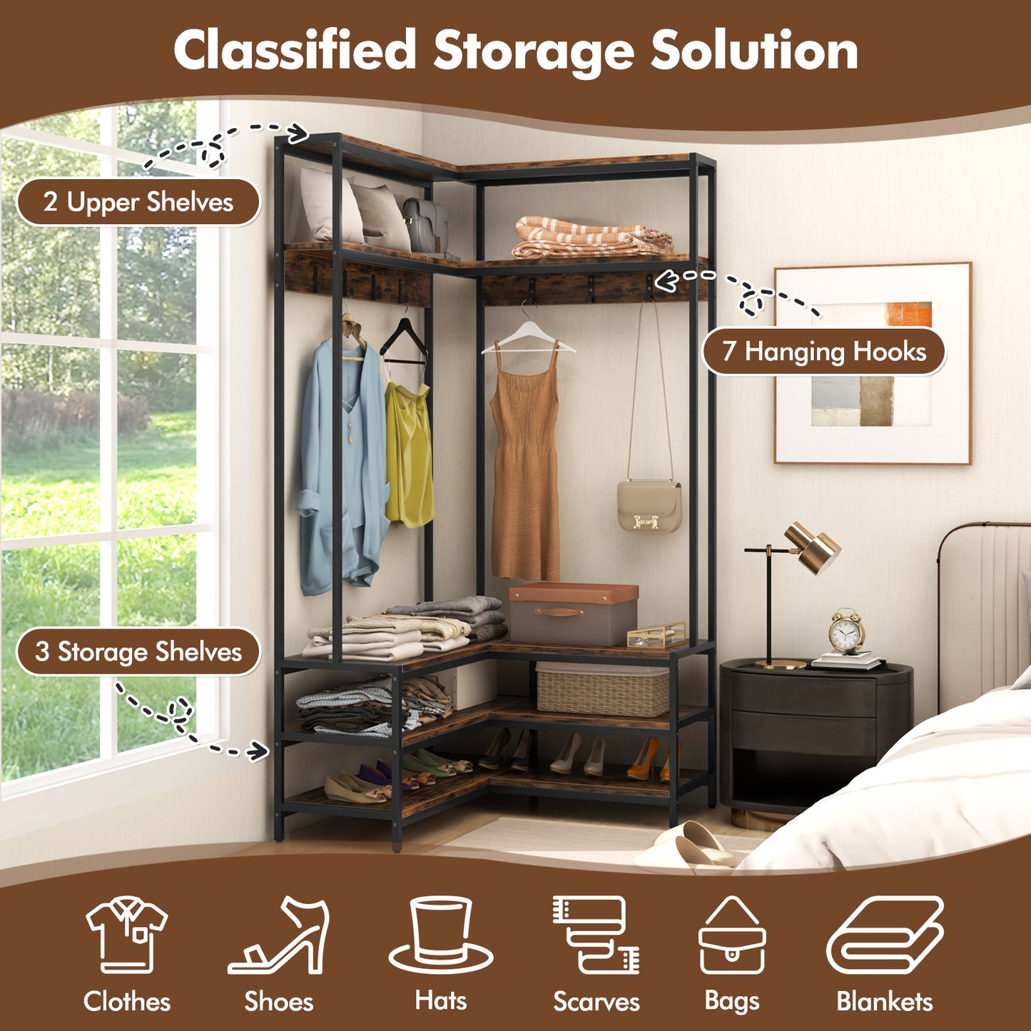 L-shaped Clothes Corner Garment Rack with Open Shelves and 7 Hooks-Rustic Brown, Costway, 7