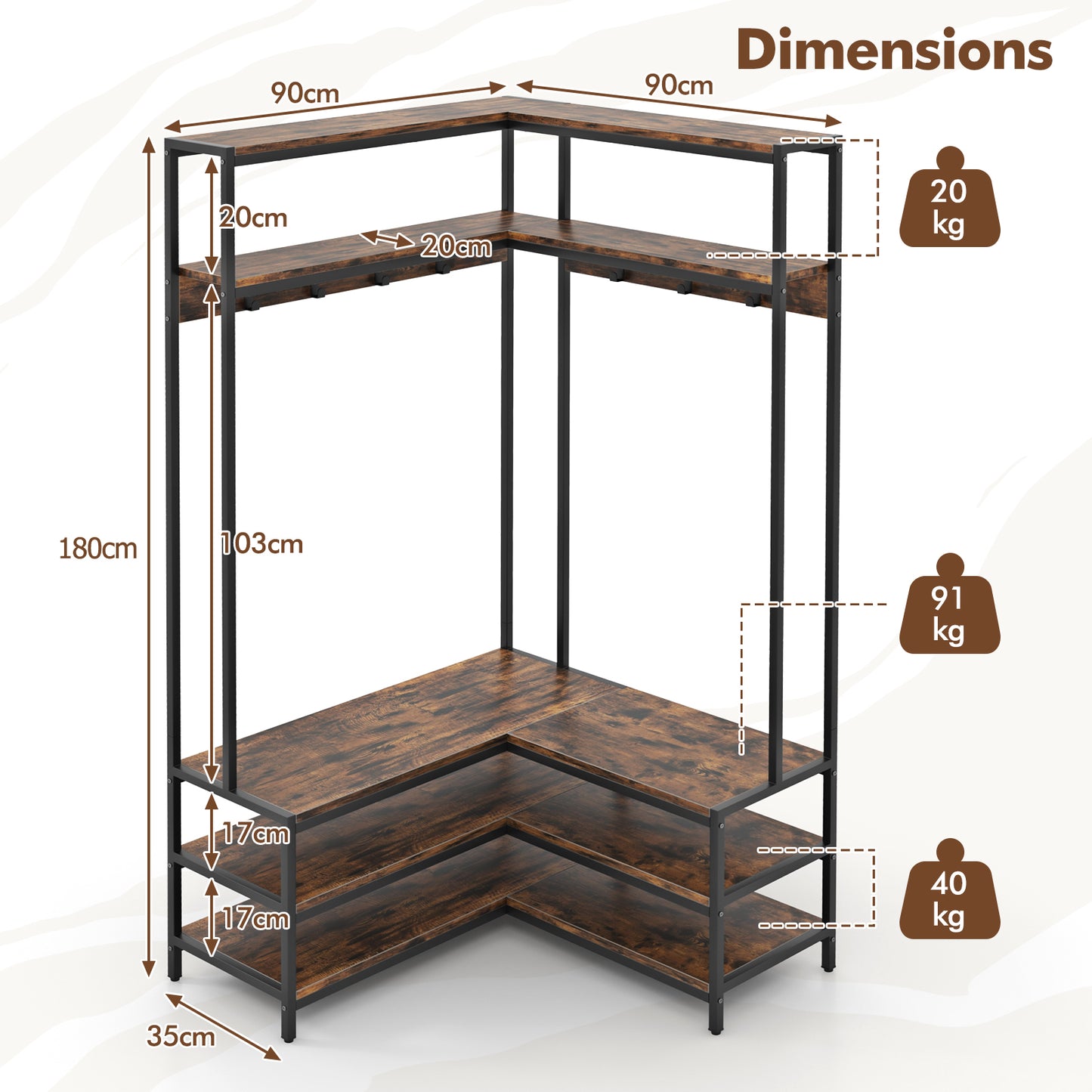 L-shaped Clothes Corner Garment Rack with Open Shelves and 7 Hooks-Rustic Brown, Costway, 5