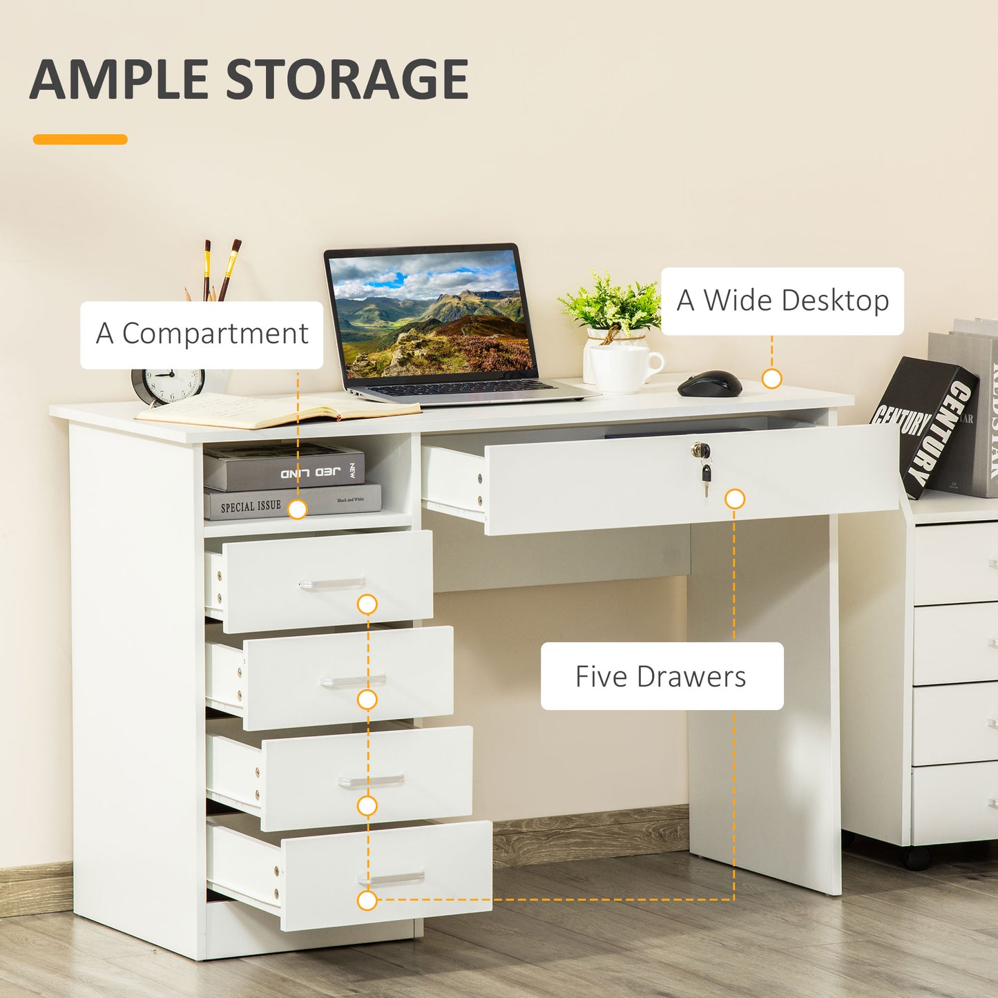 Computer Desk, Home Office Desk with Lockable Drawer, Storage Shelf for Study Bedroom, 110 x 50 x 76 cm, White, HOMCOM, 5