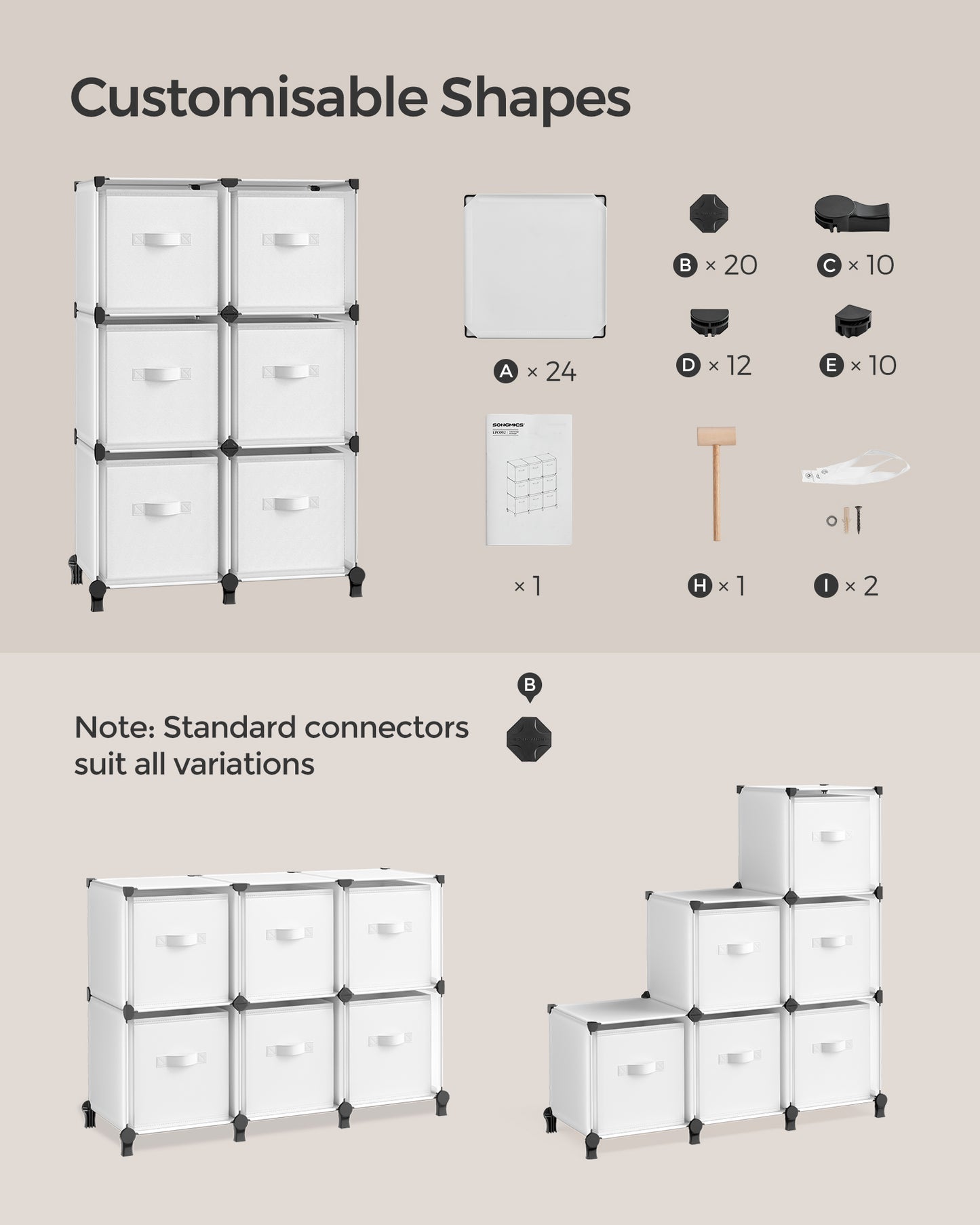 Cube Storage Unit with Storage Boxes, 6-Cube Clothes Storage Unit, 5