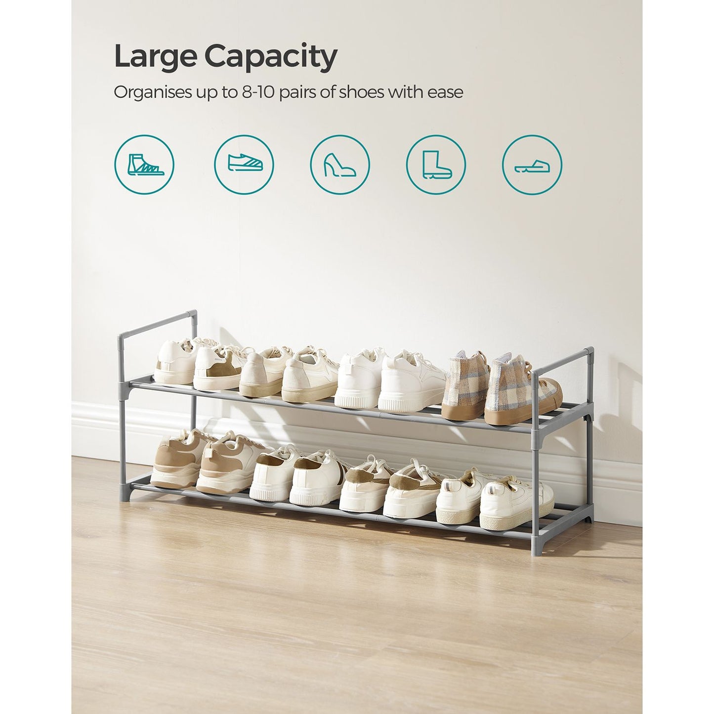 Shoe Rack, 2-Tier, Shoe Storage Organiser, Metal Storage Rack, 3